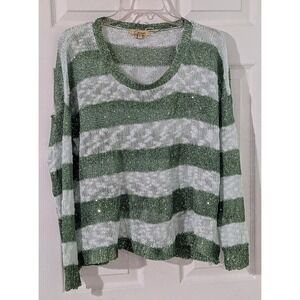 Cecico Striped Sequin Lightweight Knit Sweater Top Green White Size L NWT